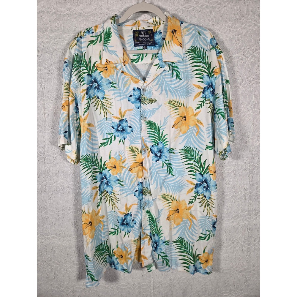 MBX Premium Goods Mens XL Tropical Floral Viscose Button Up Shirt Blue Yellow